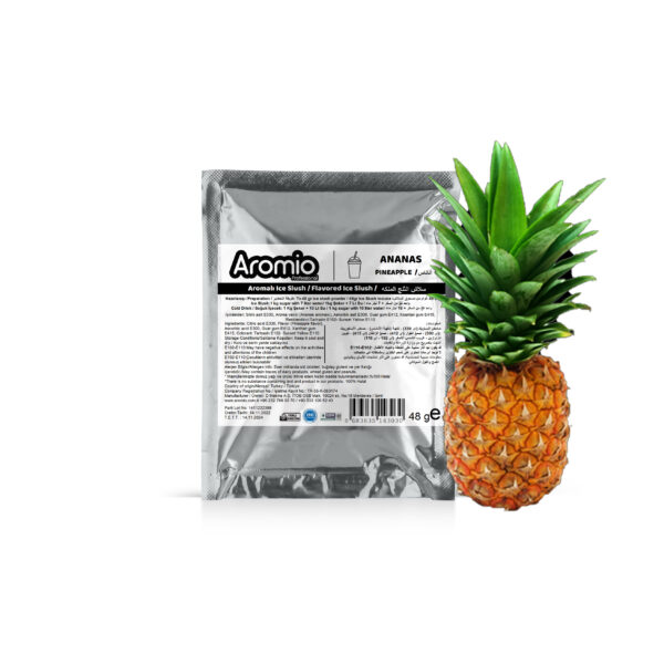 طريقة التحضير: تحضير سلاش الثلج: يتم خلط 7 لترات من الماء و 1 كجم من السكر و 48 جرام Aromio Ice Slush و من ثم صبها في وعاء ماكينة السلاش تحضير المشروبات الباردة: يتم خلط 7-10 لترات من الماء و 1 كجم من السكر و 48 جرام Aromio Ice Slush و من ثم صبها في وعاء ماكينة التبريد العصائر مسحوق السلاش بنكهة الأناناس (Ice-Slush)