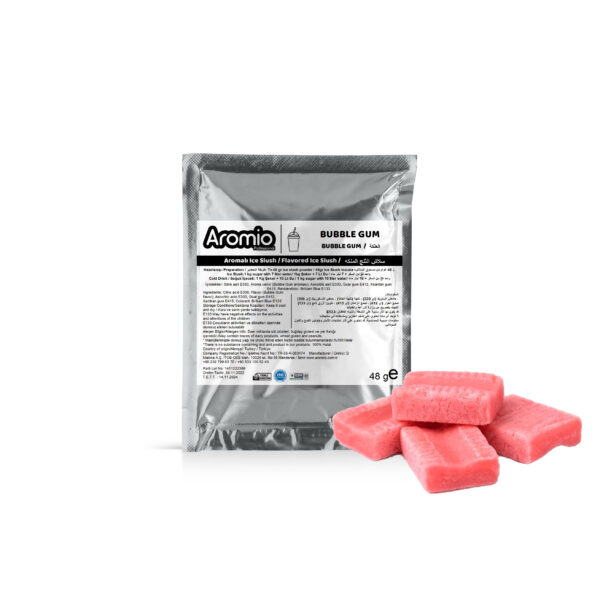 تحضير مسحوق السلاش بنكهة العلكة : يتم خلط 7 لترات من الماء و 1 كجم من السكر و 48 جرام Aromio Ice Slush و من ثم صبها في وعاء ماكينة السلاش