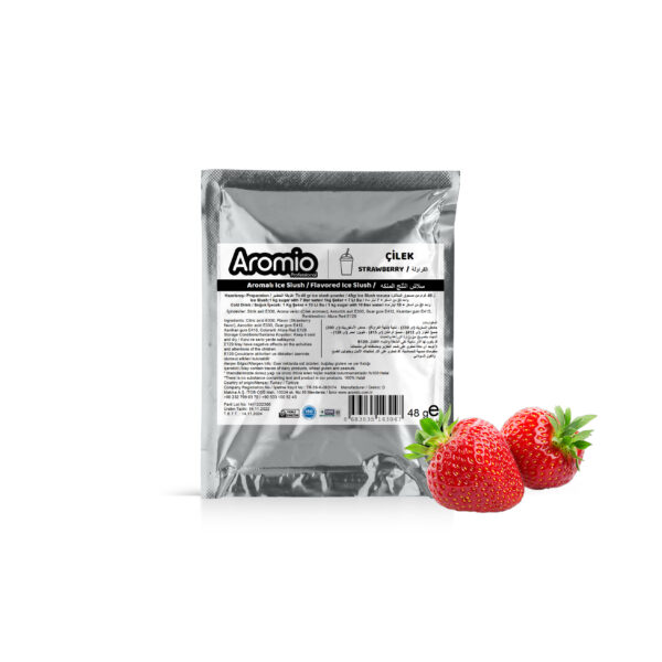 تحضير مسحوق السلاش بنكهة الفرولة : يتم خلط 7 لترات من الماء و 1 كجم من السكر و 48 جرام Aromio Ice Slush و من ثم صبها في وعاء ماكينة السلاش