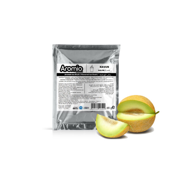 تحضير مسحوق السلاش بنكهة الشمام : يتم خلط 7 لترات من الماء و 1 كجم من السكر و 48 جرام Aromio Ice Slush و من ثم صبها في وعاء ماكينة السلاش