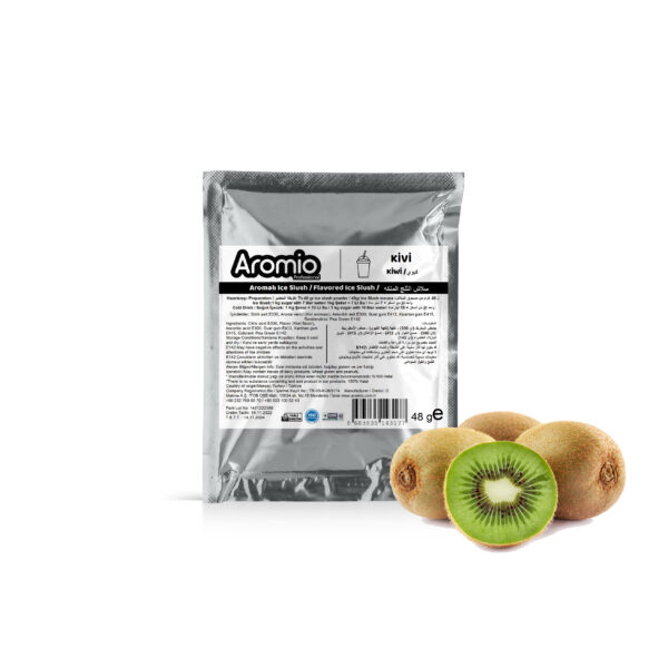 تحضير مسحوق السلاش بنكهة الكيوي : يتم خلط 7 لترات من الماء و 1 كجم من السكر و 48 جرام Aromio Ice Slush و من ثم صبها في وعاء ماكينة السلاش