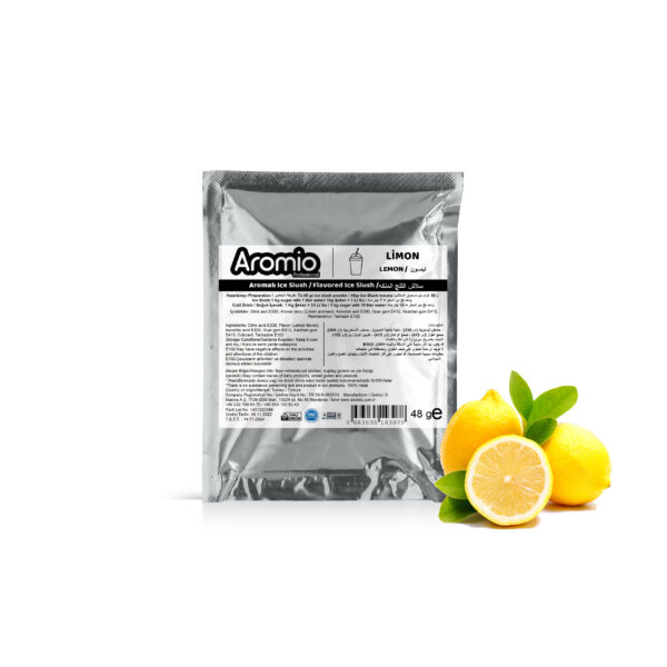تحضير مسحوق السلاش بنكهة الليمون : يتم خلط 7 لترات من الماء و 1 كجم من السكر و 48 جرام Aromio Ice Slush و من ثم صبها في وعاء ماكينة السلاش