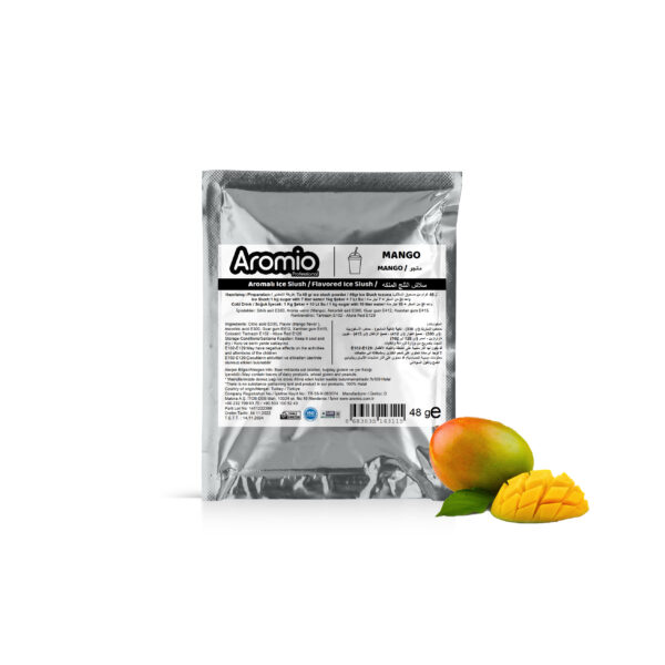 تحضير مسحوق السلاش بنكهة المانجو : يتم خلط 7 لترات من الماء و 1 كجم من السكر و 48 جرام Aromio Ice Slush و من ثم صبها في وعاء ماكينة السلاش