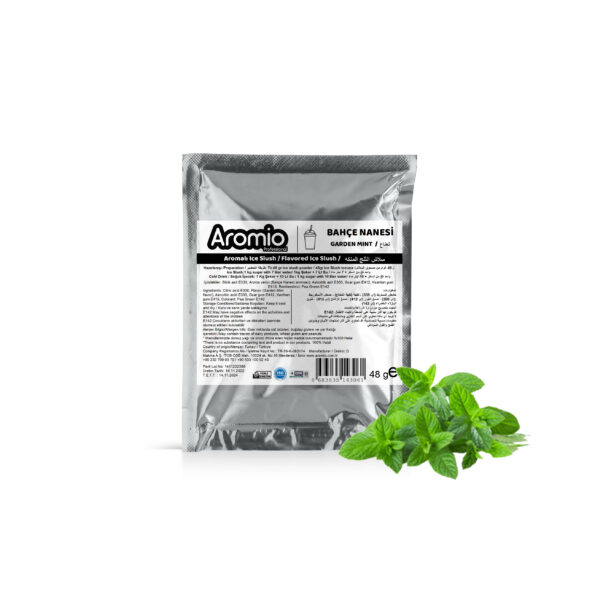 تحضير مسحوق السلاش بنكهة النعناع : يتم خلط 7 لترات من الماء و 1 كجم من السكر و 48 جرام Aromio Ice Slush و من ثم صبها في وعاء ماكينة السلاش