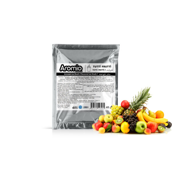 تحضير مسحوق سلاش بنكهة توتي فروتي : يتم خلط 7 لترات من الماء و 1 كجم من السكر و 48 جرام Aromio Ice Slush و من ثم صبها في وعاء ماكينة السلاش