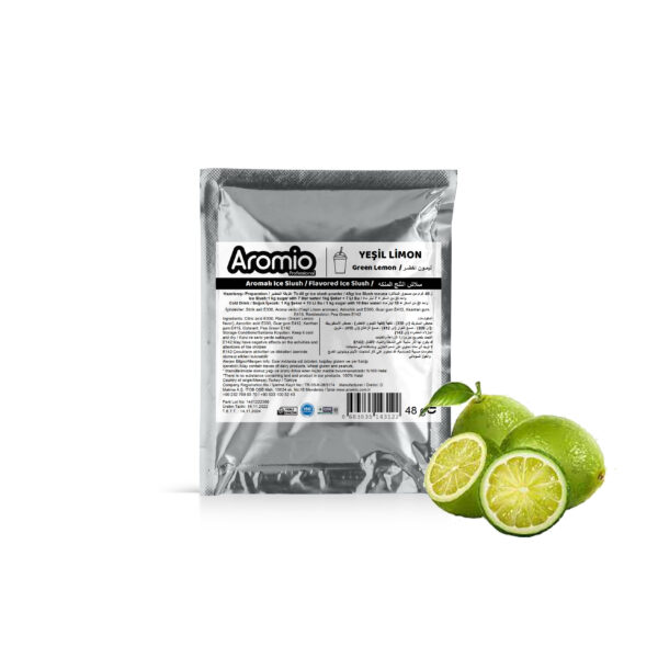 تحضير مسحوق السلاش بنكهة الليمون الاخضر : يتم خلط 7 لترات من الماء و 1 كجم من السكر و 48 جرام Aromio Ice Slush و من ثم صبها في وعاء ماكينة السلاش